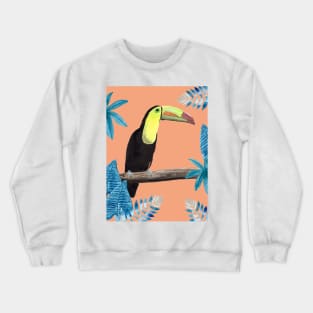 Toucan with tropical leaves and coral background Crewneck Sweatshirt